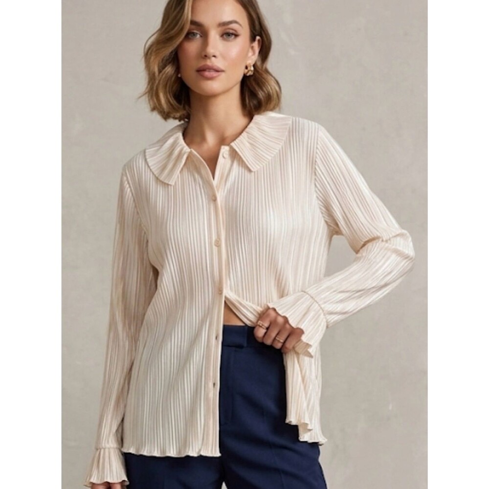 Pleated Cream Button-Up Women's Top